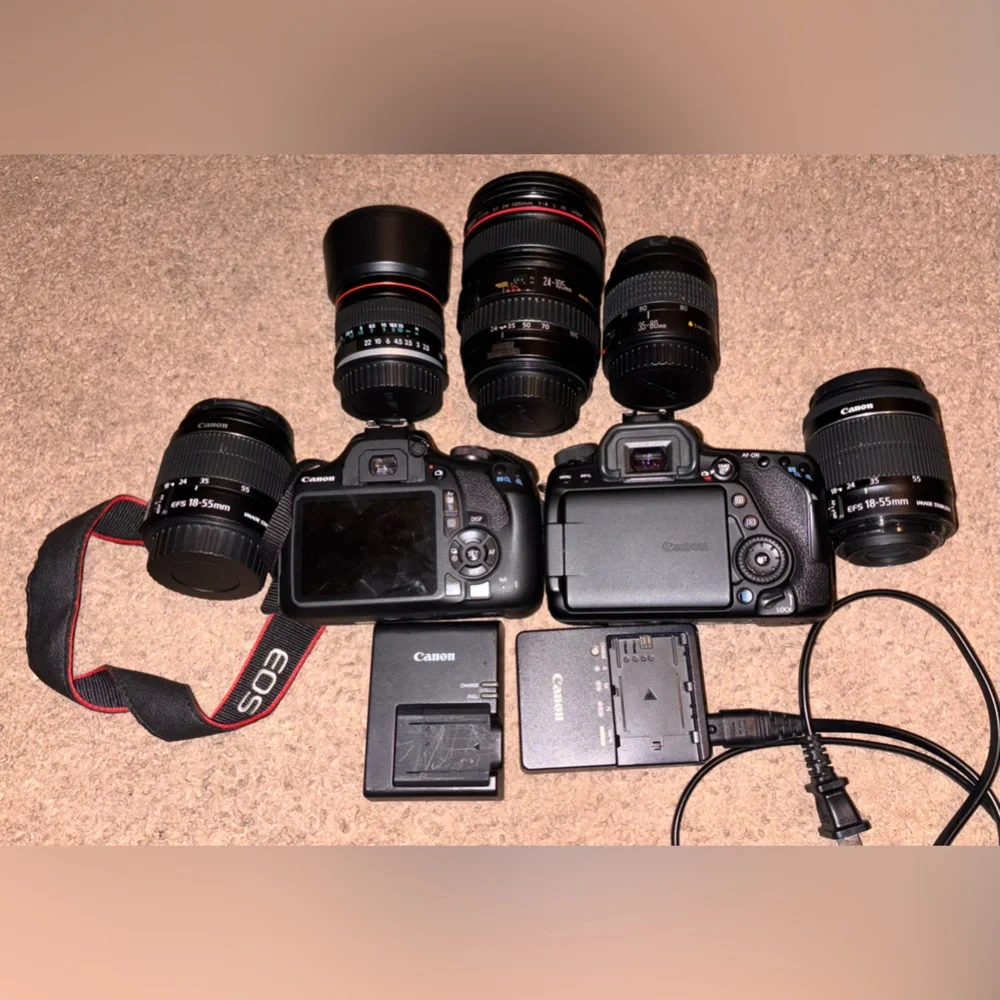 canon cameras(rebel T7 and 80D) and 5 lenses. Used- well used